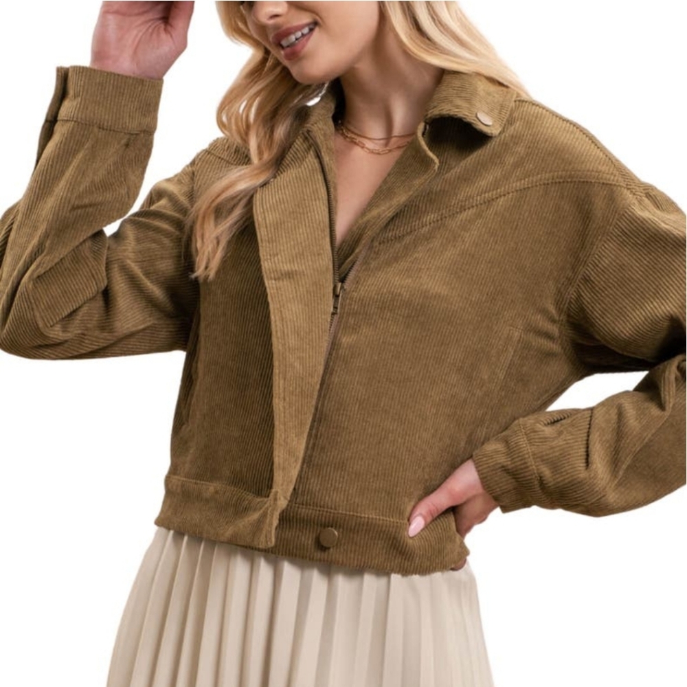 NEW MINE Olive Corduroy Crop Moto Jacket Size Small